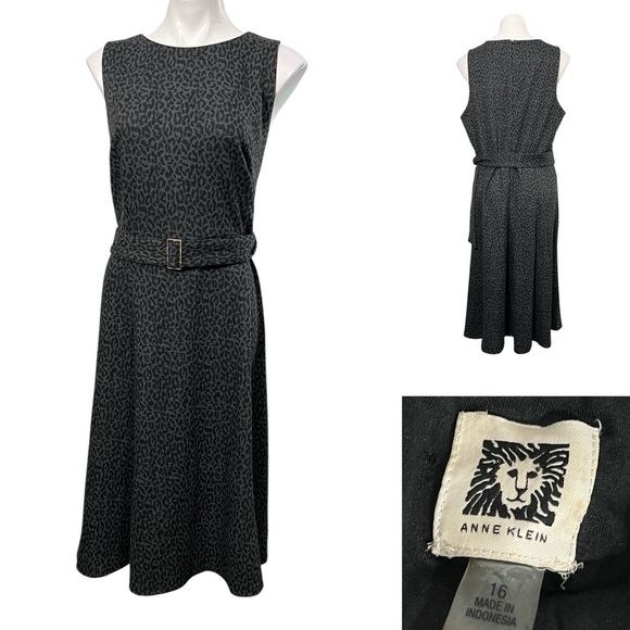 Anne Klein Dresses & Skirts - Anne Klein dress sz 16 Charcoal gray Animal Print belted Midi sleeveless office
